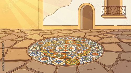 Mediterranean courtyard with stone pavement and colorful tile mosaic