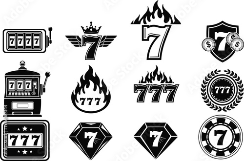 Vector collection of minimalist black and white casino icons featuring lucky seven symbols slot machines gambling emblems and jackpot signs isolated on white background for design