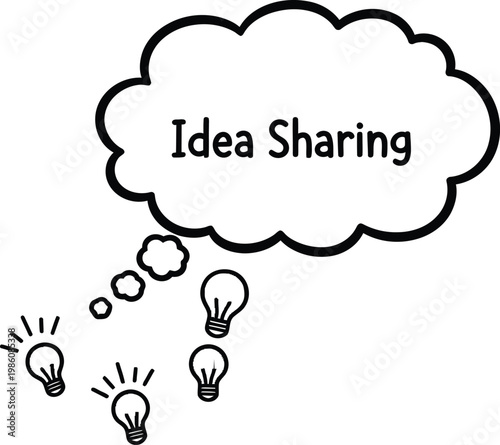 A black and white image of a thought bubble with lightbulbs