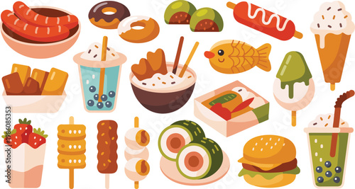 Flat cartoon food collection vector illustration with desserts snacks drinks fast food set colorful minimal design isolated on white background