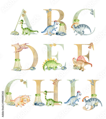 Vector watercolor dinosaurs letters for invitation card, nursery poster and other.