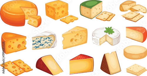 Cheese Variety Collection Illustration with Different Types Slices Blocks and Soft Cheeses for Dairy Food Menu and Gourmet Ingredient Design Set