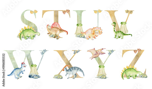 Vector watercolor dinosaurs letters for invitation card, nursery poster and other.
