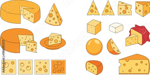 Cheese Variety Illustration Set with Different Shapes Slices Blocks and Wedges Showing Dairy Food Collection for Restaurant Menu and Ingredient Design