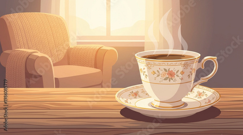 Vector illustration of a warm interior with armchair and hot tea