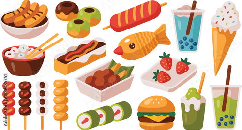 Flat cartoon food collection vector illustration with desserts snacks drinks fast food set colorful minimal design isolated on white background