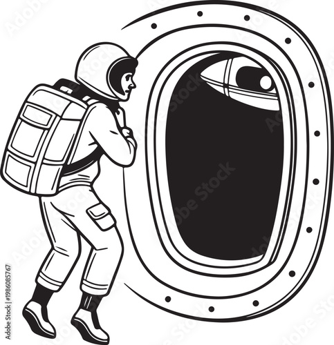 Space tourist floating near spacecraft window silhouette vector