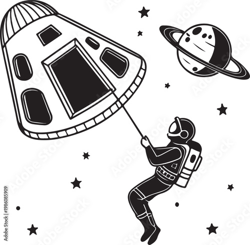 Space tourist floating near spacecraft window silhouette vector
