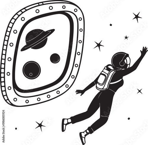 Space tourist floating near spacecraft window silhouette vector