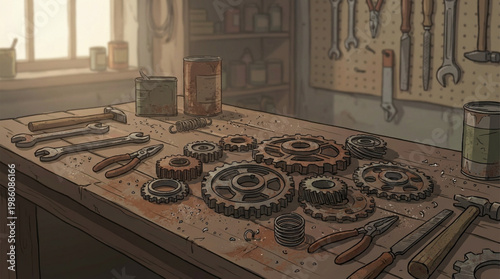 Vintage metal gears and mechanical tools on rustic wooden workbench