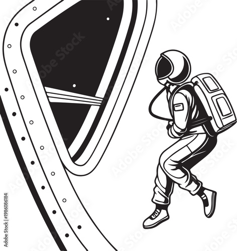 Space tourist floating near spacecraft window silhouette vector