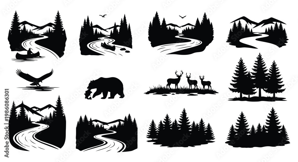 Fototapeta premium Black and white wilderness scene with river forest wildlife and mountain elements