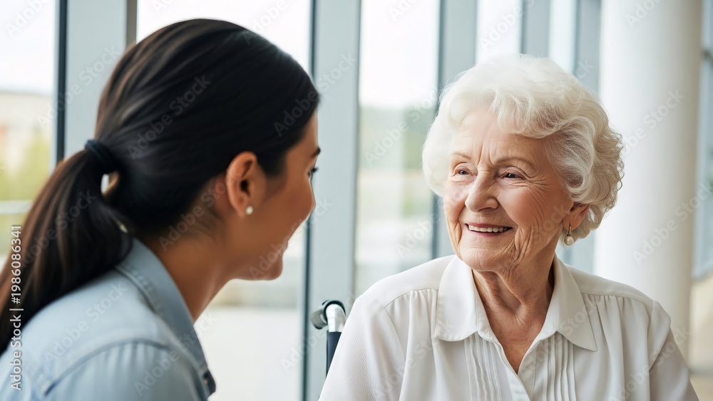 Fototapeta premium Caring young woman talking to elderly senior woman in a bright modern healthcare or nursing home setting with large windows and natural light for compassionate caregiving imagery