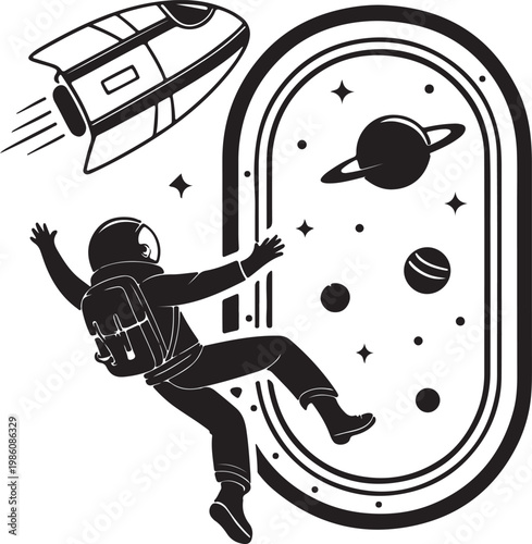 Space tourist floating near spacecraft window silhouette vector