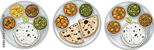 Indian Thali Plate Set with Rice Chapati and Multiple Curry Bowls Showing Traditional Vegetarian Meal for Restaurant Menu and Food Illustration Design Collection