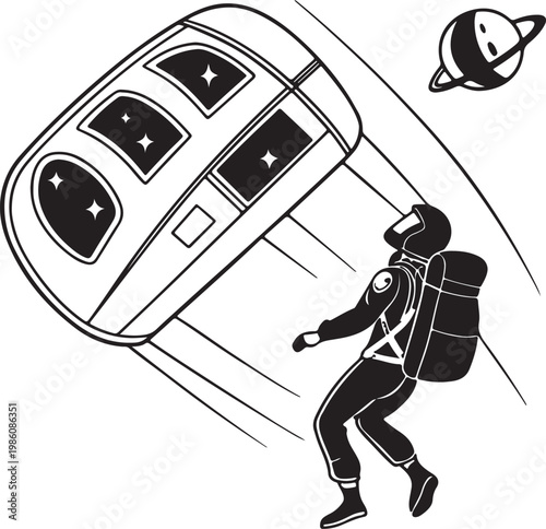 Space tourist floating near spacecraft window silhouette vector