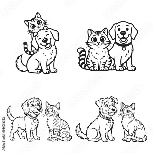 Cute cat and dog characters in line art style set isolated on white. friendly pets in playful poses. cartoon animals, pet illustration, vector outline, adorable design, animal friendship