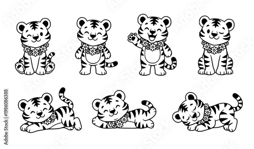 Cute cartoon tiger cubs vector set with floral necklace animals in playful poses black and white line art