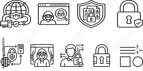 Cybersecurity Vector Icon Collection Illustrating VPN Connections Global Network Security Hacker Activity Document Protection and User Identity Safety