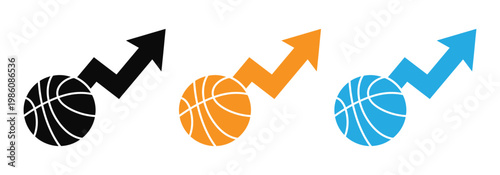 Basketball icons with upward arrows in black, Orange, Blue vector illustration