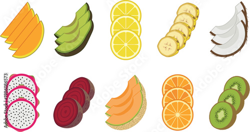 Fresh Fruit Slice Vector Set with Mango, Avocado, Lemon, Banana, Coconut, Dragon Fruit, Beetroot, Melon, Orange, and Kiwi for Healthy Food Design