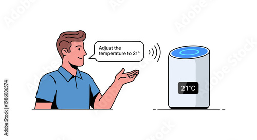 Man adjusting smart thermostat with voice command technology