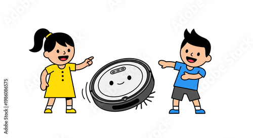 children playing with robot vacuum cleaner cartoon