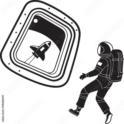 Space tourist floating near spacecraft window silhouette vector