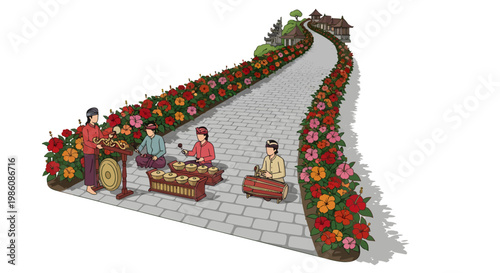 Vibrant street performers on a flower lined sidewalk pathway