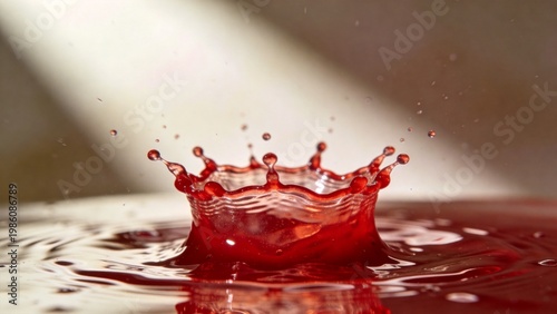 Red liquid splash crown macro high speed photography drop impact
