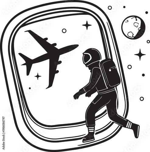 Space tourist floating near spacecraft window silhouette vector