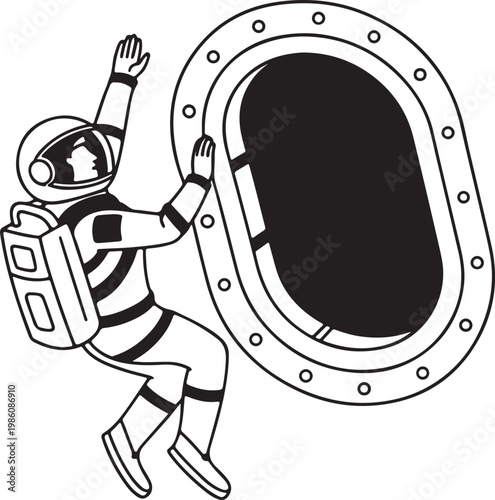 Space tourist floating near spacecraft window silhouette vector