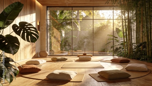 Luxury Tropical Living Room Interior with Large Windows and Indoor Plants