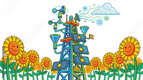 A tall, multi-functional weather station tower with solar panels stands surrounded by a field of cheerful, smiling yellow sunflowers under bright sky.