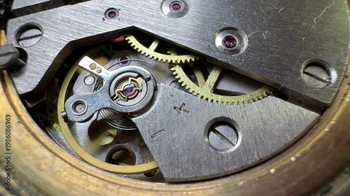 Macro Watch Mechanism Movement, Mechanical Clockwork Gears in Motion, Precision Engineering Concept