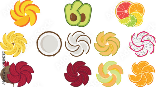 Spiral Fruit Slice Vector Set with Creative Circular Arrangements of Mango, Banana, Coconut, Citrus, Dragon Fruit, and Beetroot for Fresh Food Design