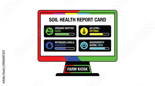 A computer monitor located at a farm kiosk displays a bright and colorful soil health report card featuring various vital metrics for crop cultivation.