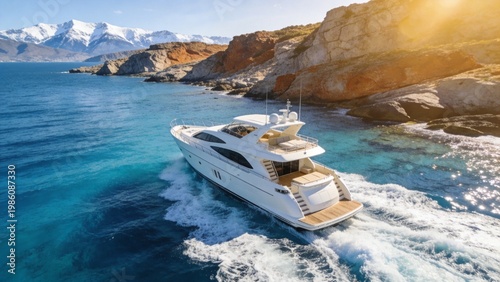 Luxury Yacht Sailing in Crystal Clear Blue Sea Near Rocky Coast and Mountains