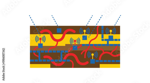 Detailed cross-section view of soil layers reveals intricate red root systems and blue irrigation pipes linked to wireless sensor nodes for monitoring.