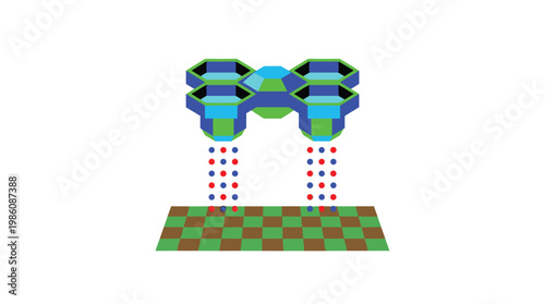 A geometric multi-rotor seeding drone hovers above a checkered agricultural grid while dropping precise rows of colorful seed pellets for rapid planting.