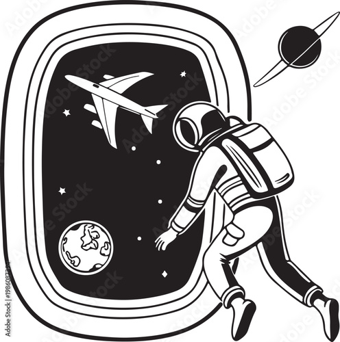 Space tourist floating near spacecraft window silhouette vector