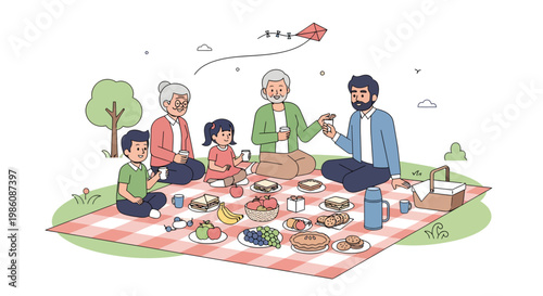 Family having a picnic in the park with food and drinks