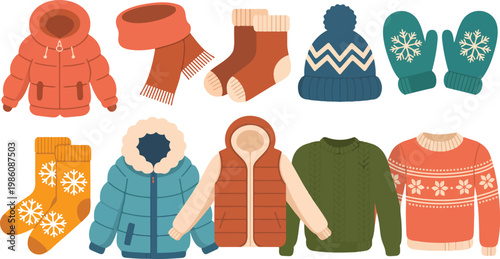 Winter clothing collection flat cartoon vector illustration coats sweaters boots scarf mittens beanie cozy fashion set isolated on white background