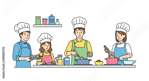 family cooking together in kitchen with chef hats and aprons