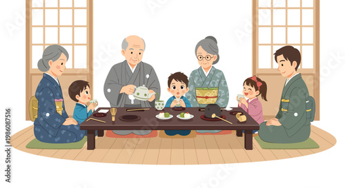 Traditional Japanese family having a meal together at home
