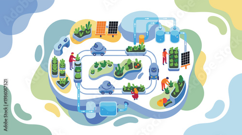 Automated rooftop urban farm systems utilize advanced robotic planters and sustainable solar energy modules within a vibrant, meticulously designed space.