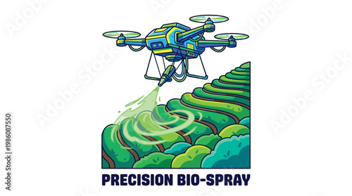An advanced autonomous agricultural drone precisely sprays organic bio-fertilizer over lush terraced tea plantations under bright daylight conditions.