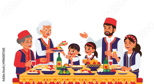 Traditional family gathering around festive dinner table