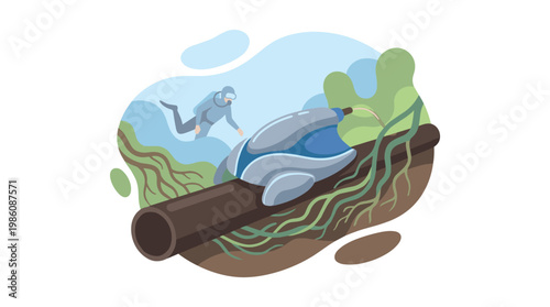 Advanced underwater robotic device inspects damaged subterranean pipes entangled with invasive tree roots while a professional diver monitors the process.