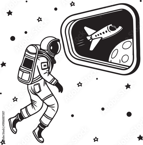 Space tourist floating near spacecraft window silhouette vector